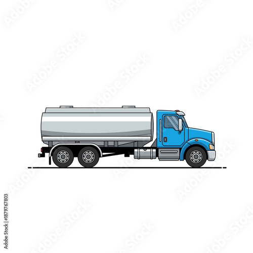 Cartoon Blue Tanker Truck Vector Illustration, Flat Design Fuel Transport Vehicle Icon