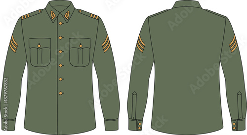 Army uniform shirt front and back technical view, vector illustration of military jacket with rank insignia isolated on white background for fashion, costume and historical reference design