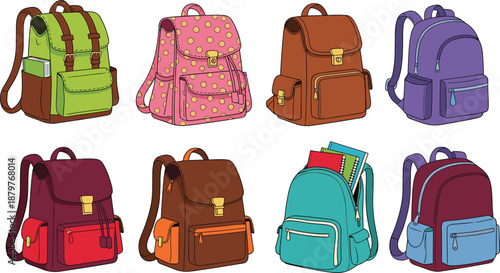 Colorful backpack collection set with different styles and pockets, vector illustration of school bags and travel backpacks isolated on white background for education and lifestyle design