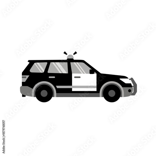 Modern Flat Design Police SUV Patrol Car Vector Illustration. Black and White Law Enforcement Vehicle with Siren and Bull Bar, Side View, Isolated on White Background.