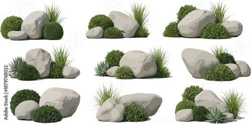 Collection of decorative garden rocks with shrubs and grasses, vector illustration set of landscaping elements isolated on white background for design and outdoor projects