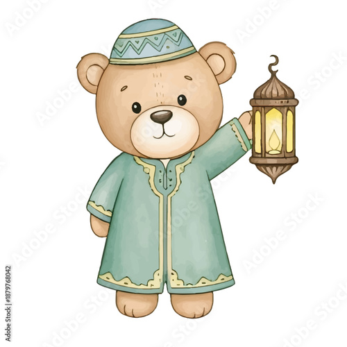 A cheerful cartoon teddy bear with a big smile in ramadhan