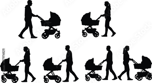 Parents pushing baby stroller silhouettes set showing mother and father walking with pram, family lifestyle, childcare, parenting, outdoor activity, and modern silhouette illustration