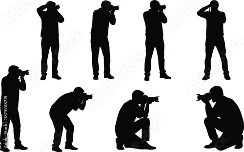 Photographer silhouettes set showing man with camera in multiple poses, studio photography concept for media, creativity, photo shoot, advertising, training, and stock illustration use