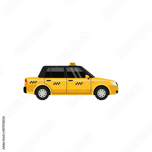 Yellow Taxi Cab Flat Design Vector Illustration Isolated on White Background, Side View of Modern City Passenger Transport Service