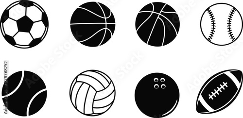 Set of black and white sports ball icons including soccer, basketball, baseball, tennis, volleyball, bowling and rugby in flat vector silhouette style