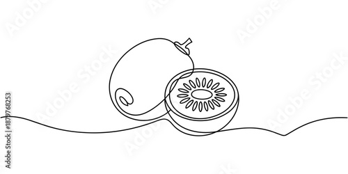 Kiwi fruit whole and a half in continuous line art drawing style, Continuous line drawing of kiwi. Minimalist design for kiwi fruit and refreshment themes. Continuous line drawing of kiwi.