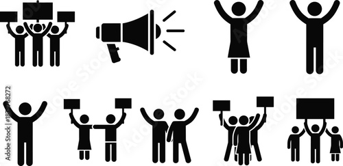 Protest and demonstration icon set with people holding signs and megaphone, vector silhouette illustration representing activism, freedom of speech and social movement concept isolated on white 
