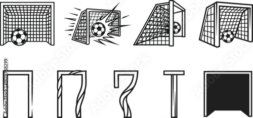 Soccer goal icon set showing ball scoring, net impact, different angles, and goalpost shapes for football design, sports graphics, training, apps, and illustration use