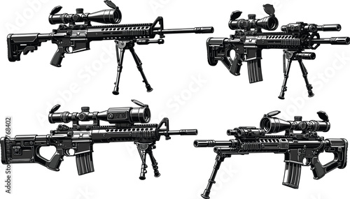 Tactical rifle set with sniper scopes, bipods, and attachments, modern military firearm illustration for defense, security, hunting, sport shooting, training, and equipment design