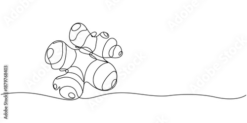 Ginger vector illustration. One line drawing art illustration with lettering organic ginger, One continuous line drawing healthy organic ginger for farm logo identity. Fresh flowering plant rhizome