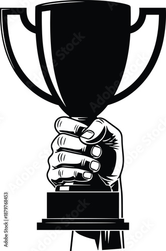 Victory trophy silhouette with strong hand holding cup symbolizing success, achievement, leadership, championship, competition, award ceremony, business success, motivation, and winning concept 