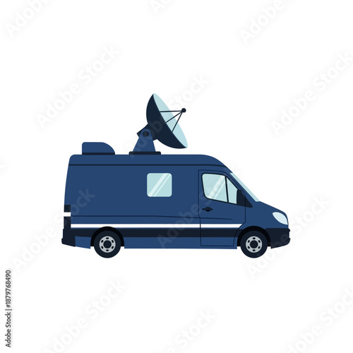 Dark Blue News Van with Satellite Dish for Live Broadcast and Media Reporting - Flat Vector Illustration