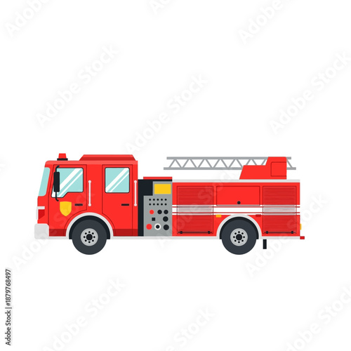 Red Fire Truck Flat Design Vector Illustration Isolated on White Background, Emergency Vehicle Concept