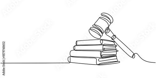 law hammer and books one line continuous single line art, Continuous single line sketch drawing of gavel law justice judge hammer and stack of books one line editable vector illustration, Continuous.