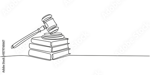 law hammer and books one line continuous single line art, Continuous single line sketch drawing of gavel law justice judge hammer and stack of books one line editable vector illustration, Continuous.