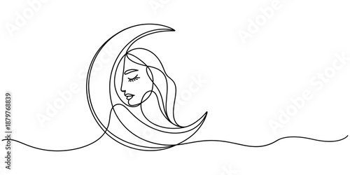 Moon continuous one line drawing in minimalist abstract style, moon with women face, self drawing of single line drawing woman sitting on crescent moon, Full length single.