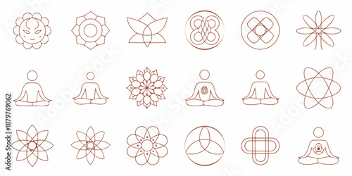 a collection of spiritual and meditation symbols in red lines on white