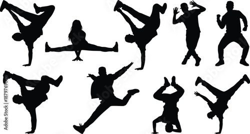 Set of breakdance and hip hop dancer silhouettes in energetic street dance poses, black vector illustrations isolated on white background for creative design projects
