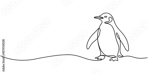 Penguin one continuous line drawing isolated on white background illustration, Minimalist continuous line art of a penguin illustration with simple design. Minimalist single line art style penguin.