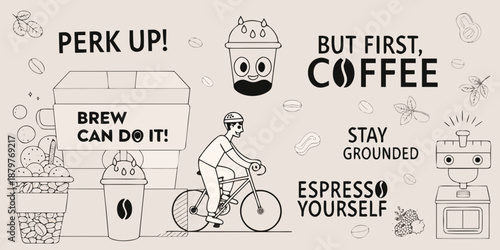 Coffee themed illustration with cyclist beverage and motivational phrases