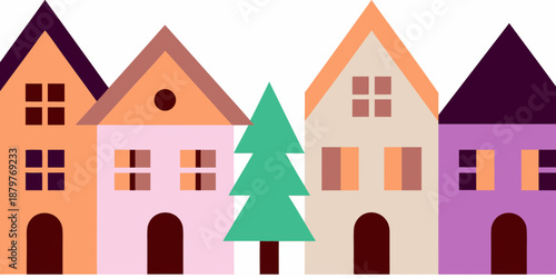 a row of colorful houses with a tree in front