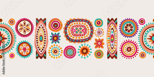 Colorful geometric pattern a seamless border with repeating floral and circular designs