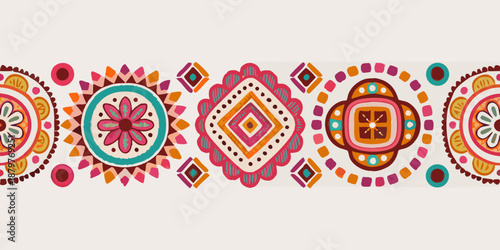 Colorful geometric pattern a seamless border with vibrant floral and diamond motifs