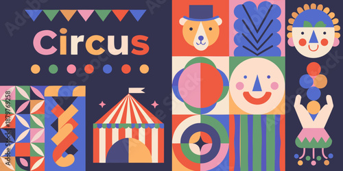 Colorful circus themed illustration with whimsical characters and geometric shapes