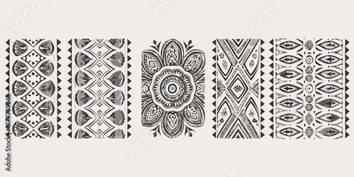Intricate black and white geometric patterns arranged in a rectangular format