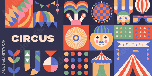 Colorful circus themed illustration with various patterns and whimsical elements