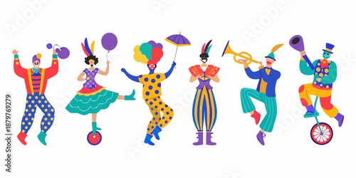 A vibrant collection of colorful circus performers in a joyful parade