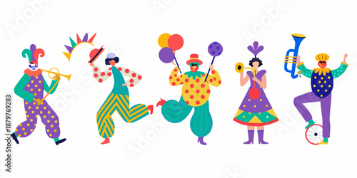 A colorful illustration depicting a parade of cheerful circus performers