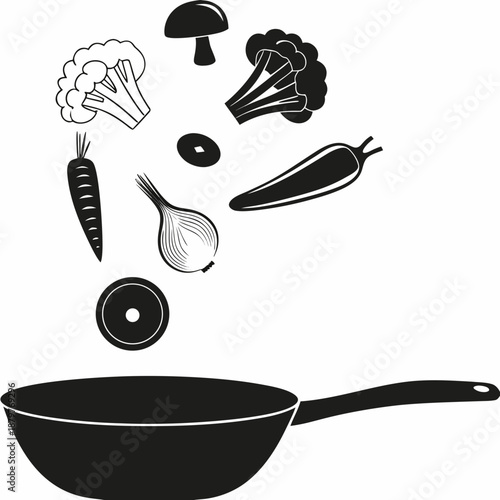 Fresh vegetables falling into a black frying pan a culinary illustration