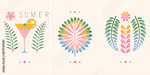 A vibrant summer themed triptych with floral tropical and cocktail illustrations