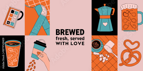 Colorful illustration featuring coffee tea and baked goods in a playful design