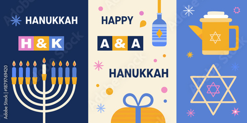 A colorful hanukkah illustration featuring menorah dreidel teapot and star of david motifs