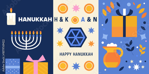 Festive hanukkah illustration featuring menorah gifts and celebratory decorative elements