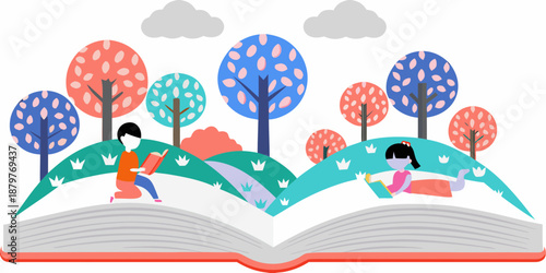 Children reading books on rolling hills forming an open book illustration