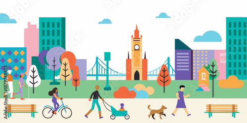 Colorful cityscape illustration featuring people trees and iconic architectural elements