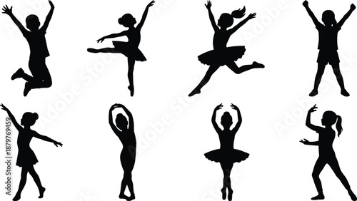 Set of children dance and ballet silhouettes performing joyful jumps and poses, black vector illustrations isolated on white background, kids movement and artistic activity clipart collection