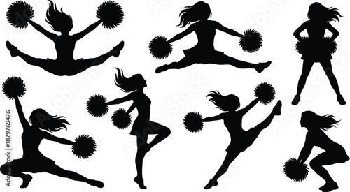 Set of cheerleader silhouettes performing dynamic jumps and poses with pom poms, black vector illustrations isolated on white background, cheerleading sport and dance clipart collection