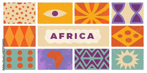 Colorful geometric patterns and the word africa arranged in a grid layout