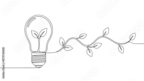 Creative idea, continuous one line art of a light bulb with growing plant symbolizing eco-friendly innovation and sustainability