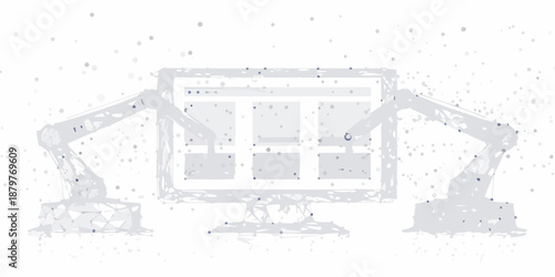 Robotic arms delicately interacting with a glowing futuristic computer screen