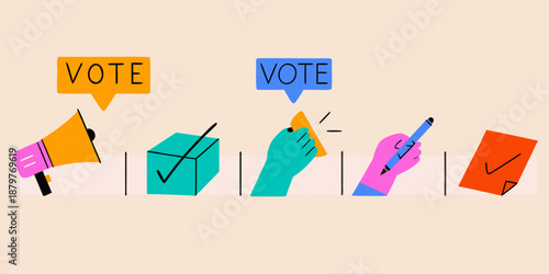 Illustration depicting voting elements speech bubble ballot hand and checkmarks