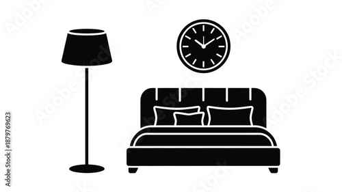 Bedroom interior silhouette featuring a bed, floor lamp, and wall clock design Vector