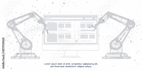 Robotic arms interacting with a computer screen symbolizing automation and technology