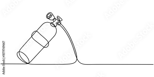 scuba cylinders continuous one line drawing, one line drawing of wetsuit, swimsuit, regulator, oxygen, mask, snorkel goggle, fins. Healthy sport scuba diving equipment concept.