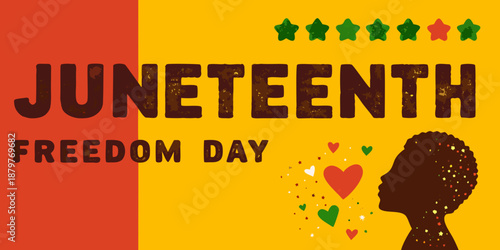 Juneteenth freedom day graphic with silhouette hearts and vibrant colors